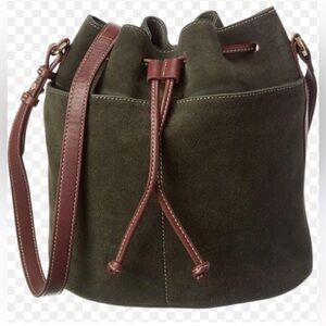 J. McLaughlin Ariana Green Suede Bucket Bag, brown leather trim